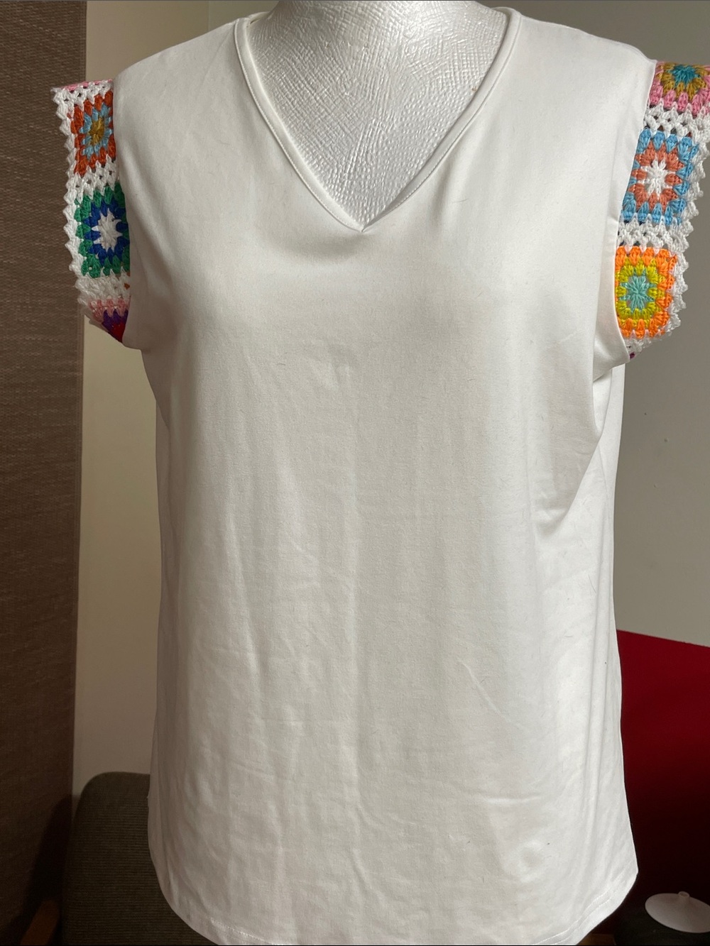 White V-Neck Women's Top with Colorful Crochet Cap Sleeves